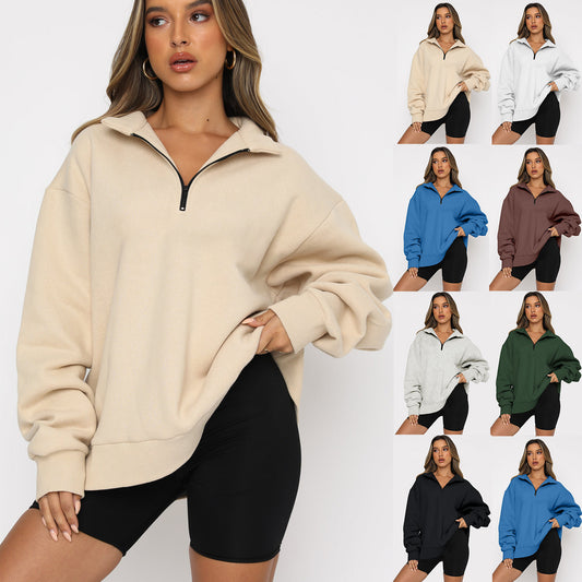 Casual Top Half Zipper Pullover Long Sleeved Sweatshirt