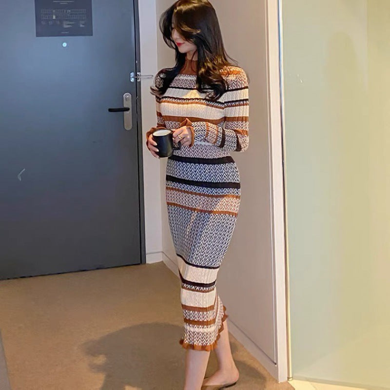 Slim Fit Long Knitted Colorblock Sweater Base Dress