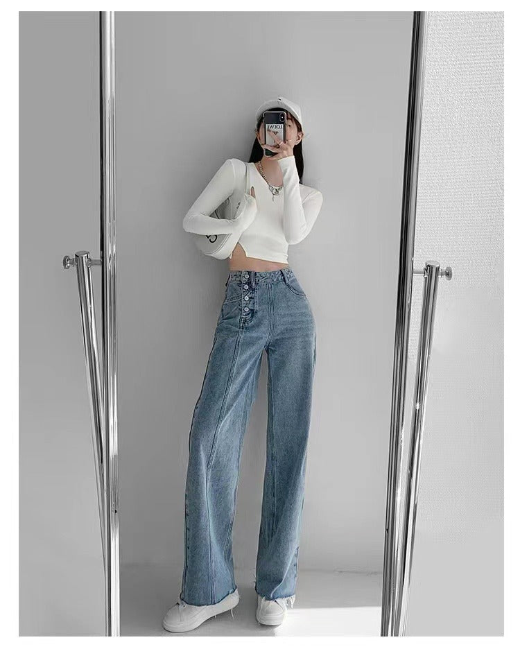 Irregular Breasted High Waist Jeans For Women Straight-leg Trousers