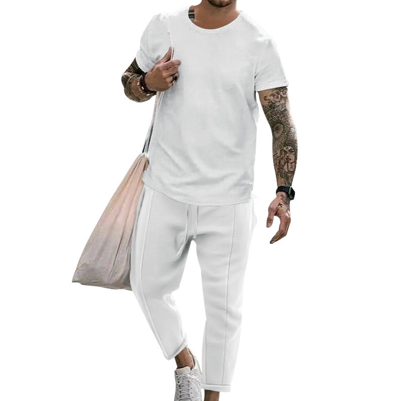 Round Neck Short Sleeve T-shirt Casual Fashion Men's Trousers Suit