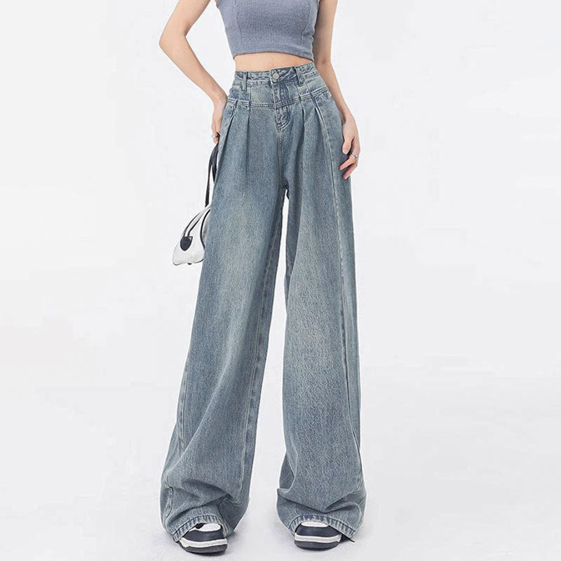 Fashionable Pleated Design Loose All-matching Straight Wide Leg Jeans For Women