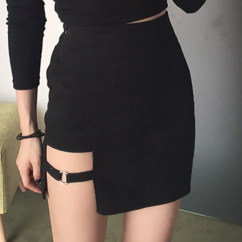 Slim Fit Open Umbilical Round Neck T-shirt Women's Ring Wrap Hip Skirt