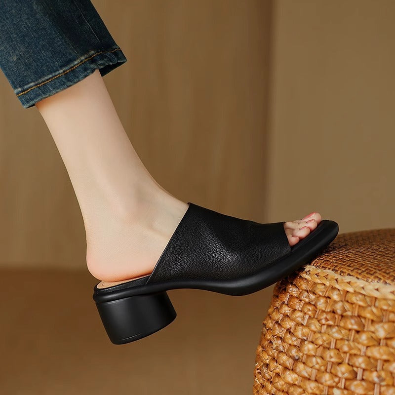 Female Leather High Heel Platform Slippers