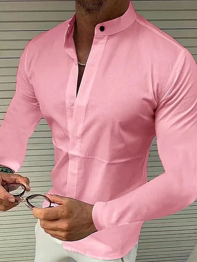 Men's Shirt Made Of Pure Colored Imitation Silk Fabric Long Sleeve