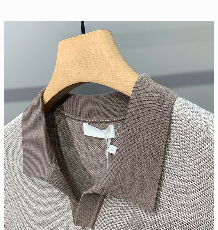 Men's Ice Silk Knitted Trendy Niche Contrast Color Lapels Short Sleeve