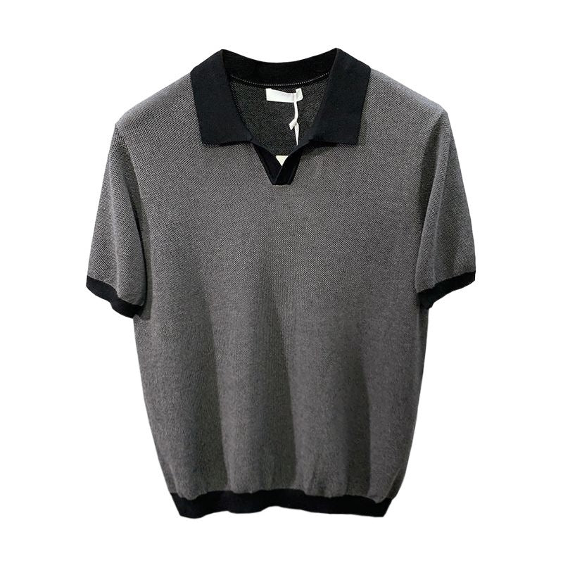 Men's Ice Silk Knitted Trendy Niche Contrast Color Lapels Short Sleeve