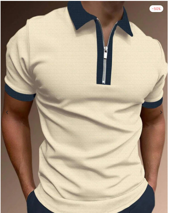 Foreign Trade Men's Printed Zipper Short Sleeve Solid Color Top T-shirt