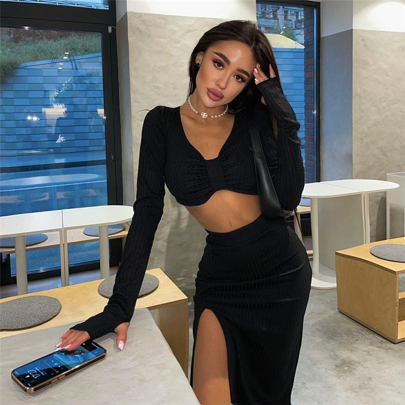 V-neck Midriff-baring Long Sleeve T-shirt High Slit Skirt Fashion Two-piece Suit