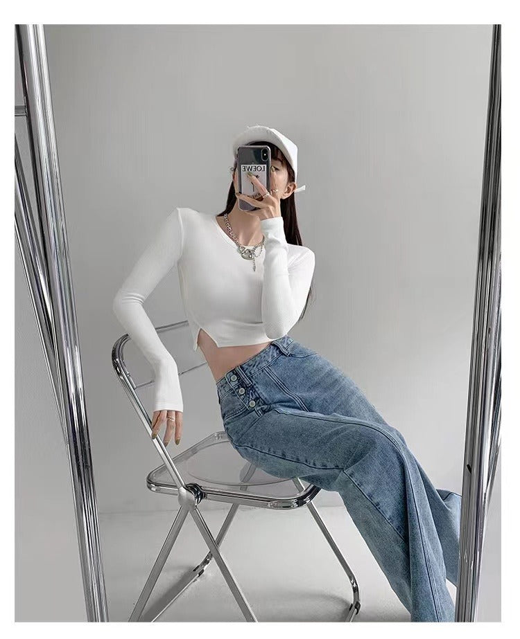 Irregular Breasted High Waist Jeans For Women Straight-leg Trousers