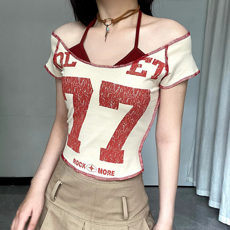 Female Shoulder Letter Printed Neck Strap Fake Two Piece Set