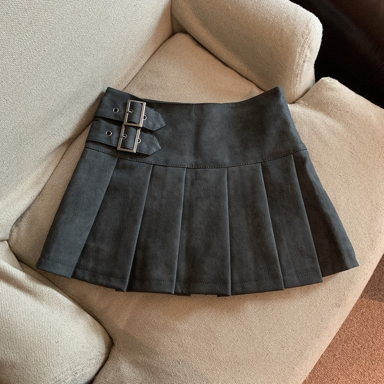 Women's American-style Vintage Brown PU Leather Pleated Skirt