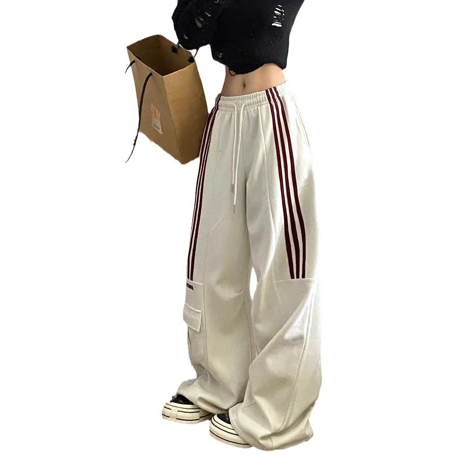 Retro Three Bars Casual Sports Pants Female Wide Leg Sweatpants