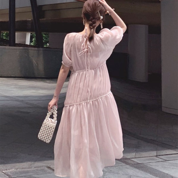 Elegant Satin Pearl Strap Pink Dress