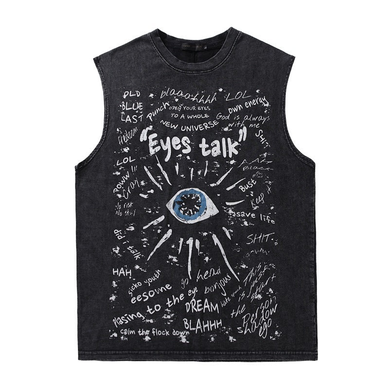 Retro Design Graffiti Sleeveless T-shirt Loose Leisure Washed-out Vest Distressed