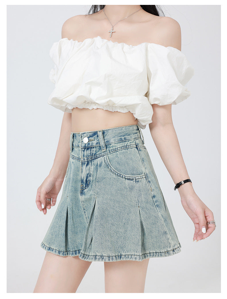 Retro High Waist Slimming Light Blue Denim Pleated Skirt