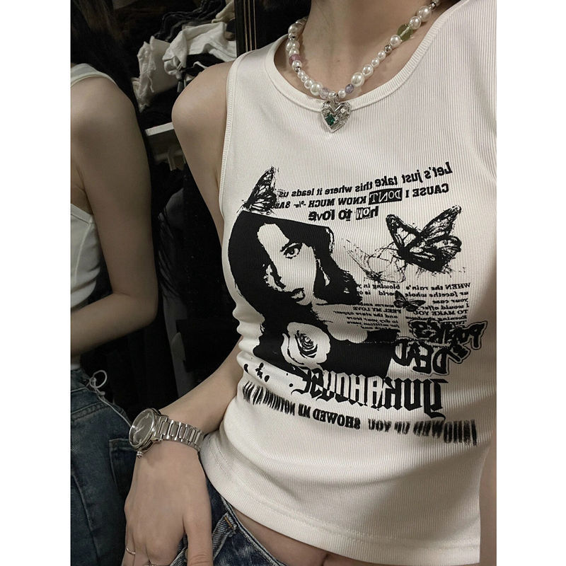 Streetwear Y2k Kawaii Print Sleeveless Ribbed Knit Vest Top Cropped Feminino Gothic Clothes