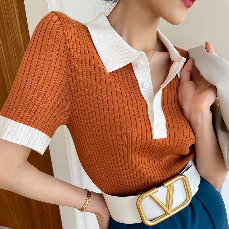 Contrast Color Polo Collar Ice Silk Knitted Short Sleeve T-shirt Women's Thin Top