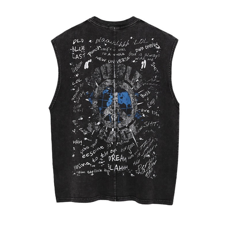 Retro Design Graffiti Sleeveless T-shirt Loose Leisure Washed-out Vest Distressed