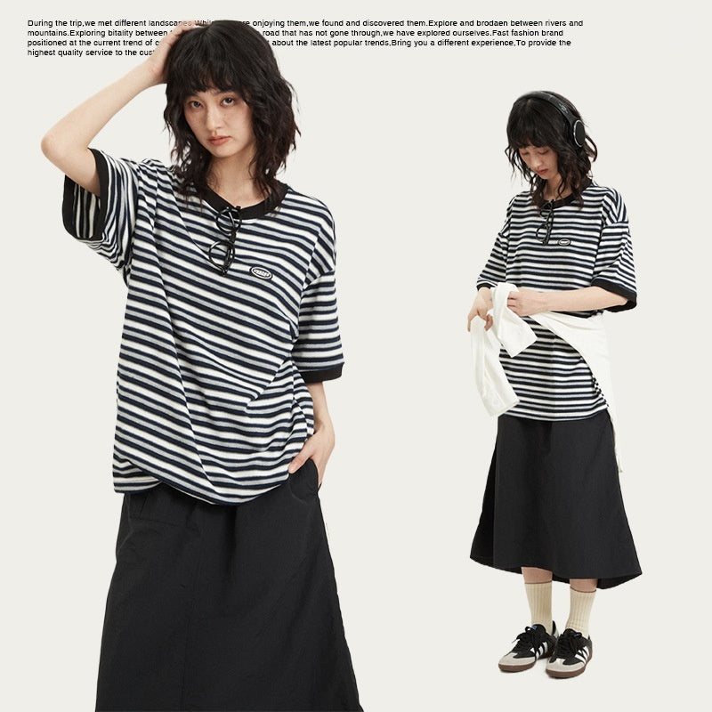 Japanese-style Retro Contrast Color Striped Round Neck Short Sleeve Loose All-match Couple's Tops