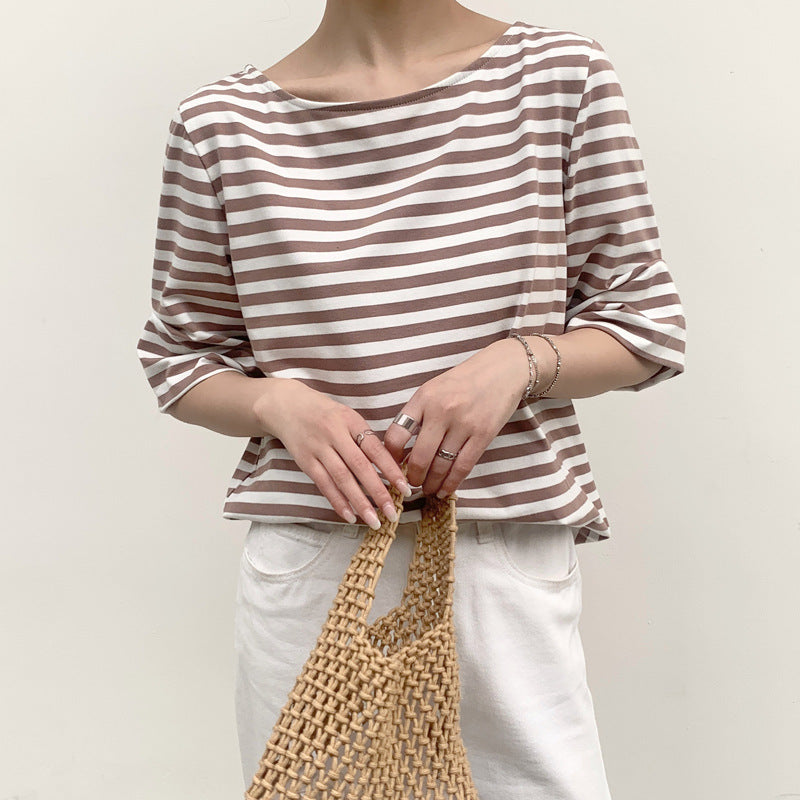 Leisure Artistic Versatile Loose Striped Solid Color Half Sleeve T-shirt