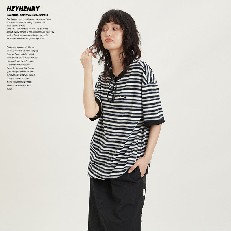 Japanese-style Retro Contrast Color Striped Round Neck Short Sleeve Loose All-match Couple's Tops