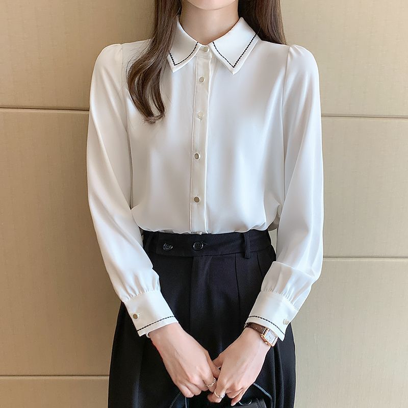 Spring And Autumn White Chiffon Long Sleeve Design Sense Niche Inner Bottoming Top Formal Shirt For Women