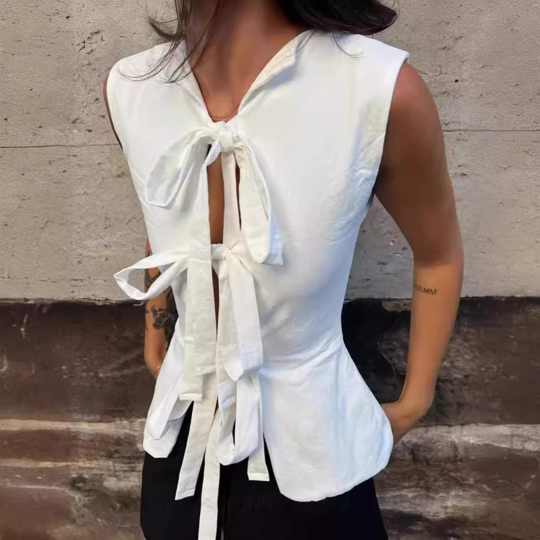 Fashion White Bandage Women's Short Jacket Sleeveless Slim Fit