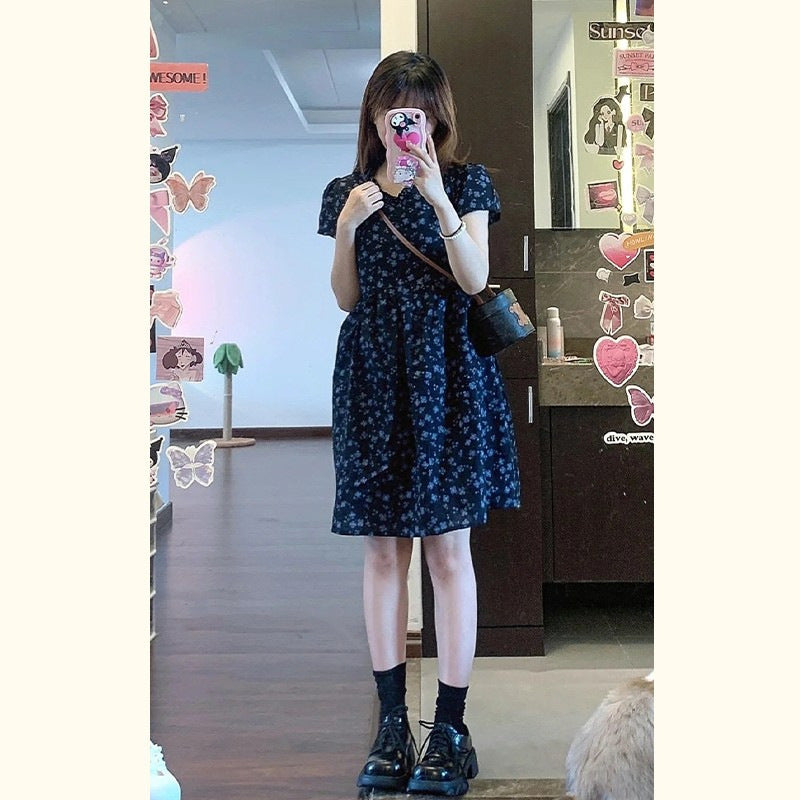 French Style Puff Sleeve Floral Dress Women