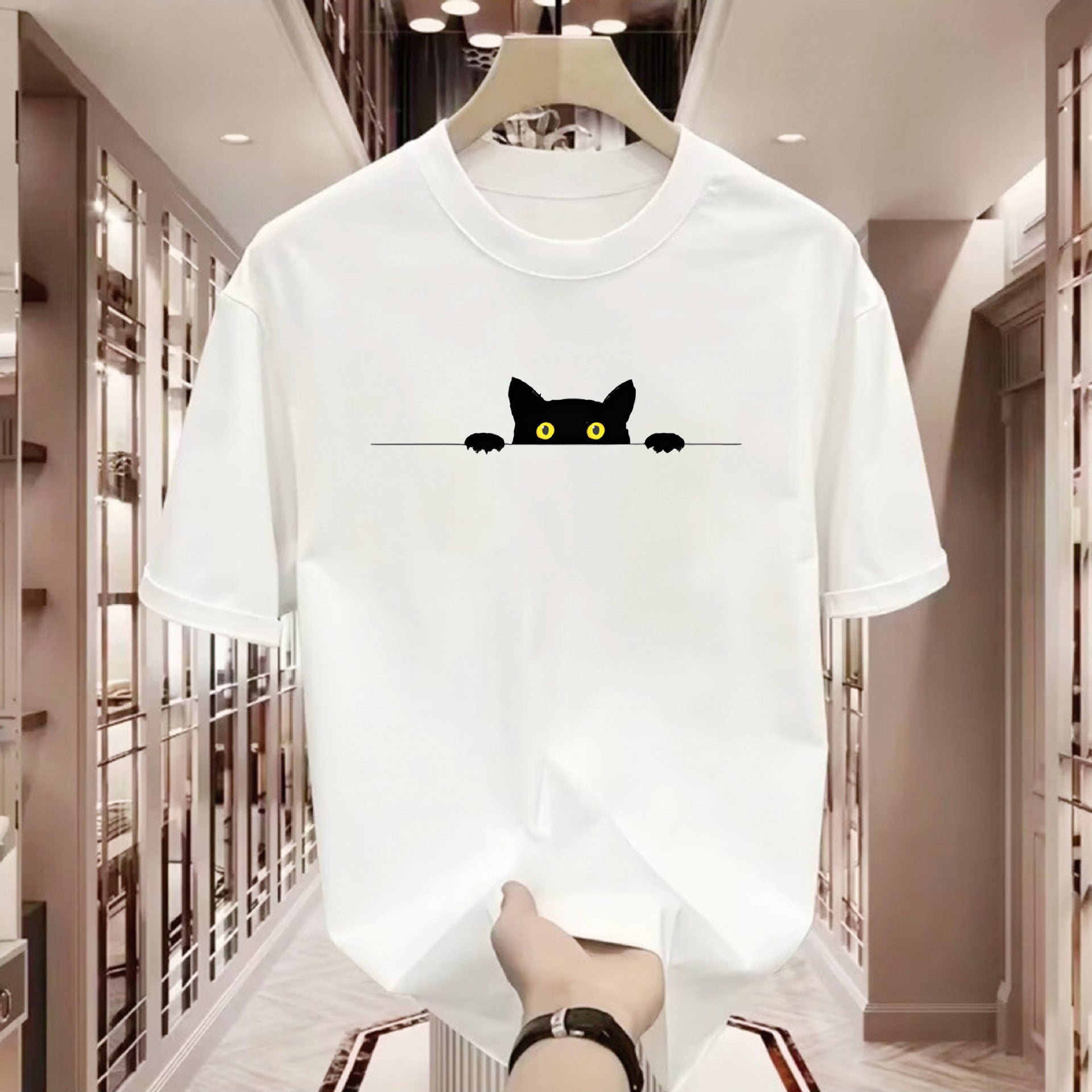 Cute Cat Print Round Neck T-shirt Short Sleeve