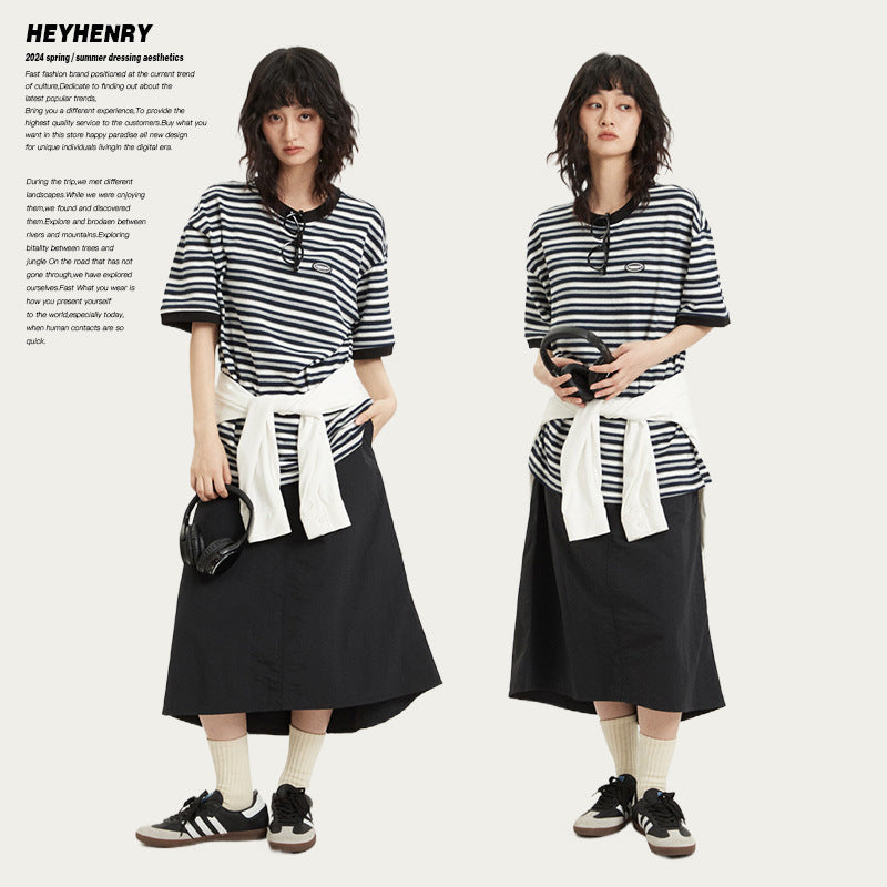 Japanese-style Retro Contrast Color Striped Round Neck Short Sleeve Loose All-match Couple's Tops