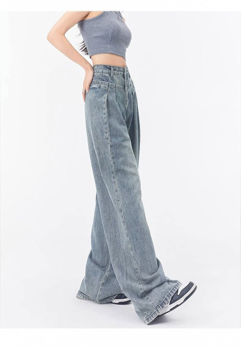 Fashionable Pleated Design Loose All-matching Straight Wide Leg Jeans For Women