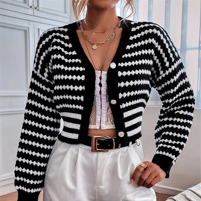 Women's Striped Knitting Cardigan Short Top