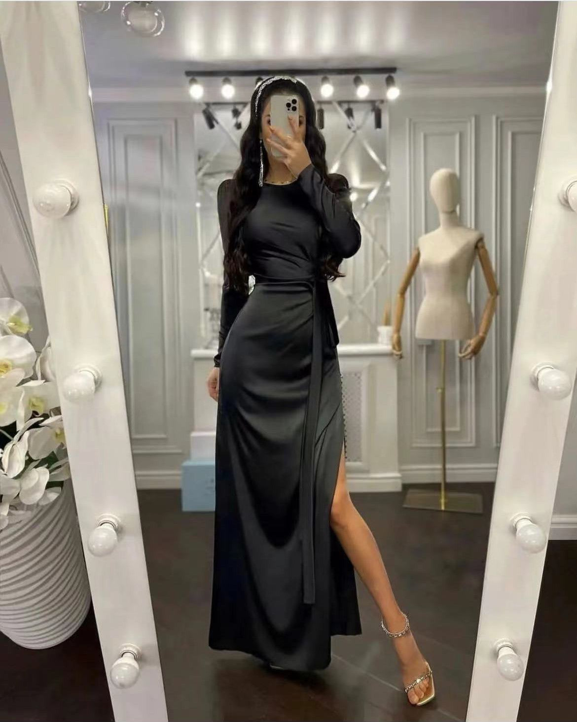 Silk Elegant Cocktail Long Sleeve Dress With Slit