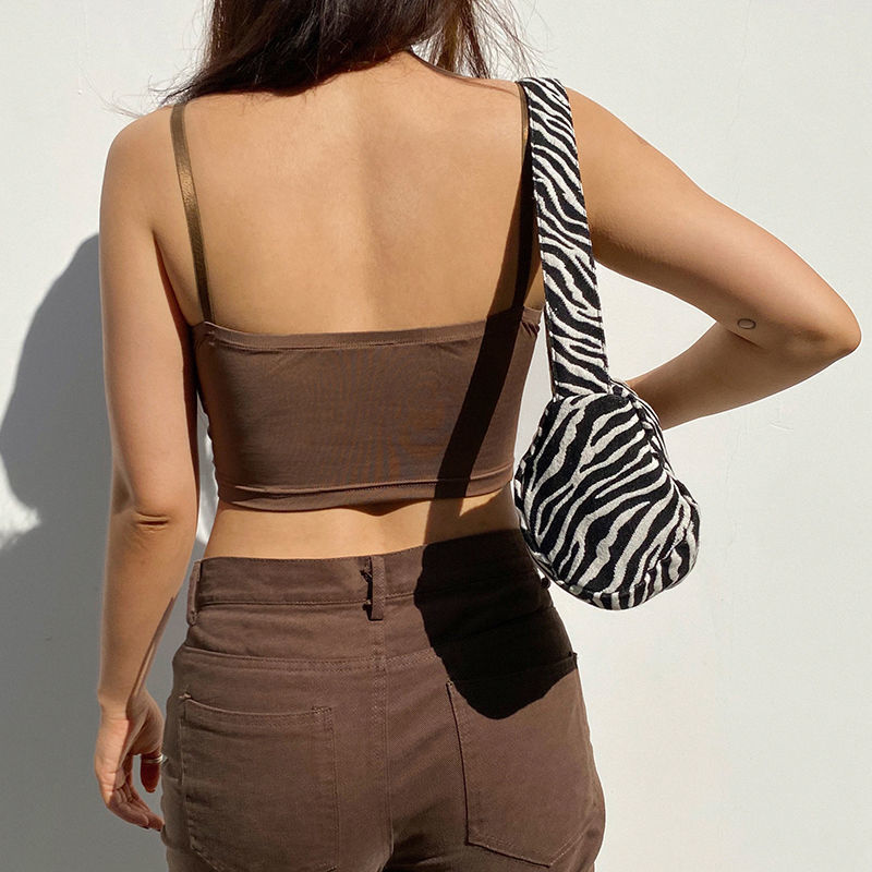 Streetwear Strap Lace Trim Brown Top