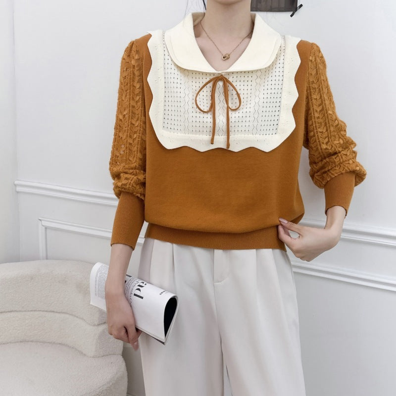 Women's French-style Contrast Color Long Sleeves Knitted Top