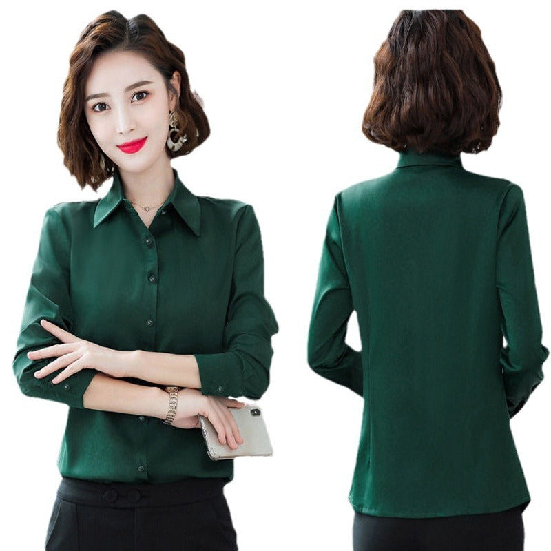 Dark Green Simple Shirt Women's Long-sleeved Slim-fit Long-sleeved White Shirt