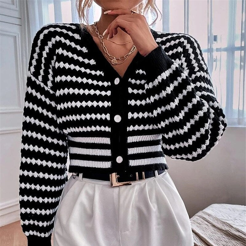 Women's Striped Knitting Cardigan Short Top