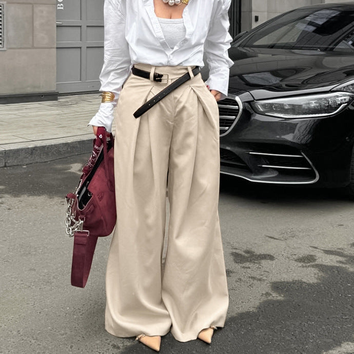 Solid Color High Waist Casual Wide Leg Trouser Pants