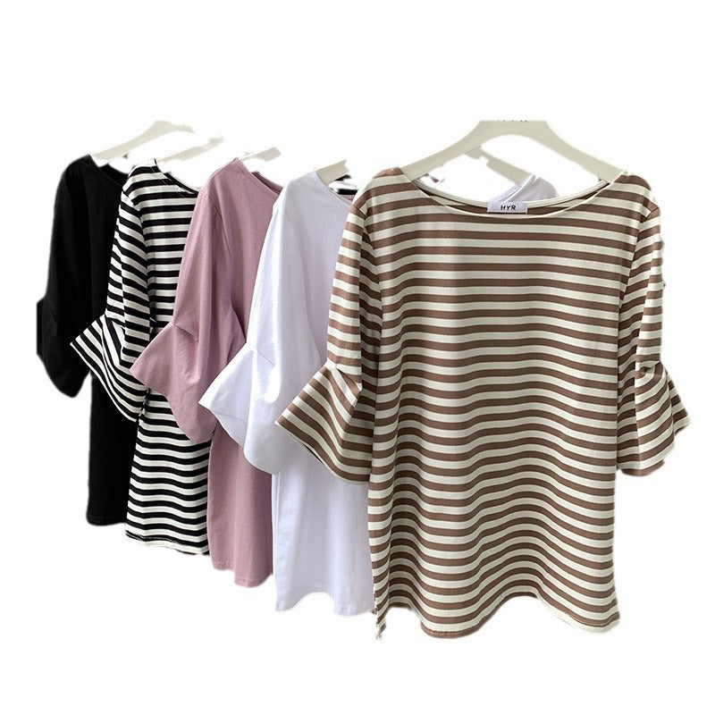 Leisure Artistic Versatile Loose Striped Solid Color Half Sleeve T-shirt