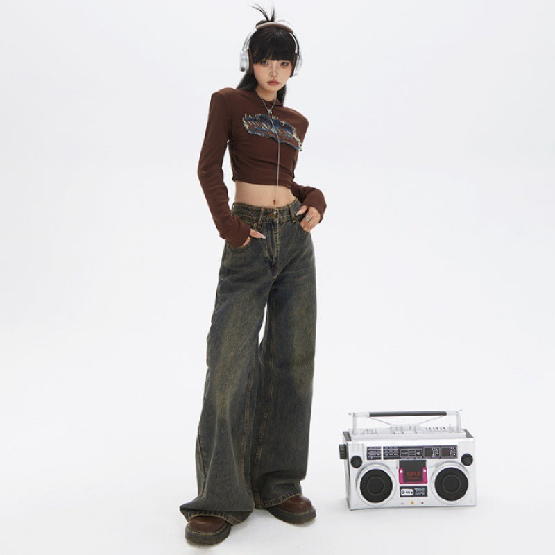 American Retro Loose Wide Leg Bootcut Trousers High Waist Slimming Drape