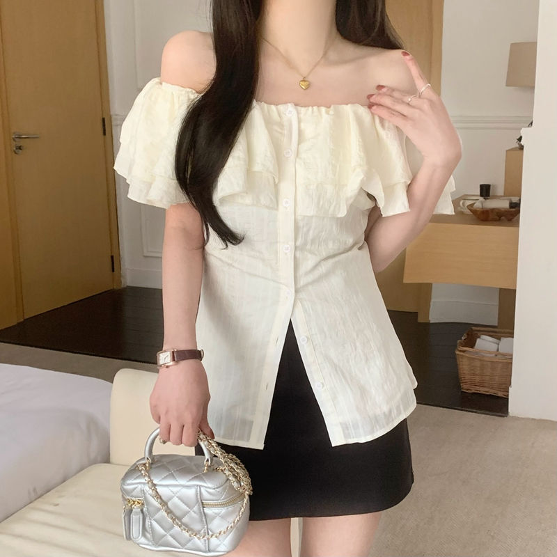 French Style Design Ruffled Off-shoulder Shirt