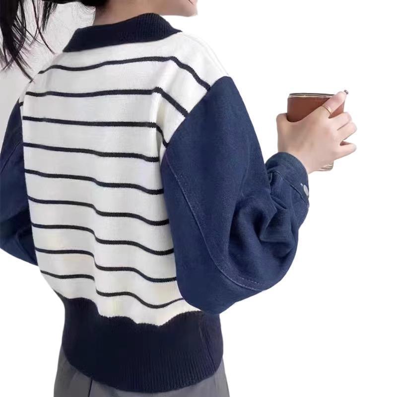 Women's Denim-sleeve Knitted Sweater