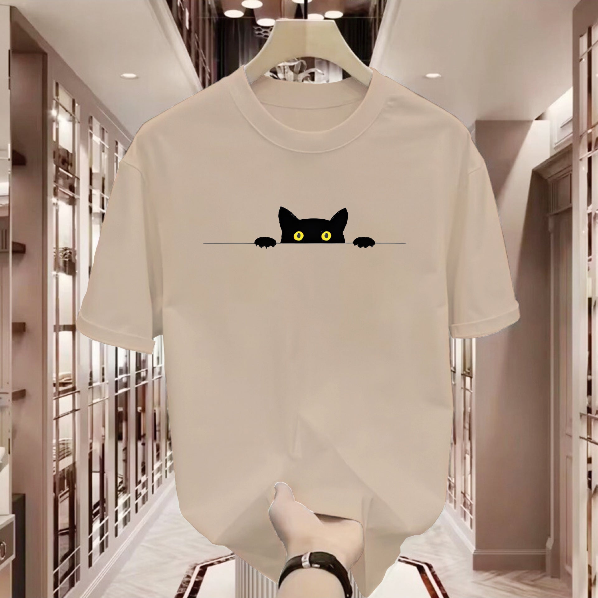 Cute Cat Print Round Neck T-shirt Short Sleeve