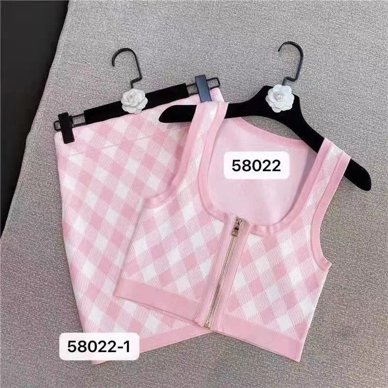 Pink Gingham Coordinate Knitted Mini Skirt and Top