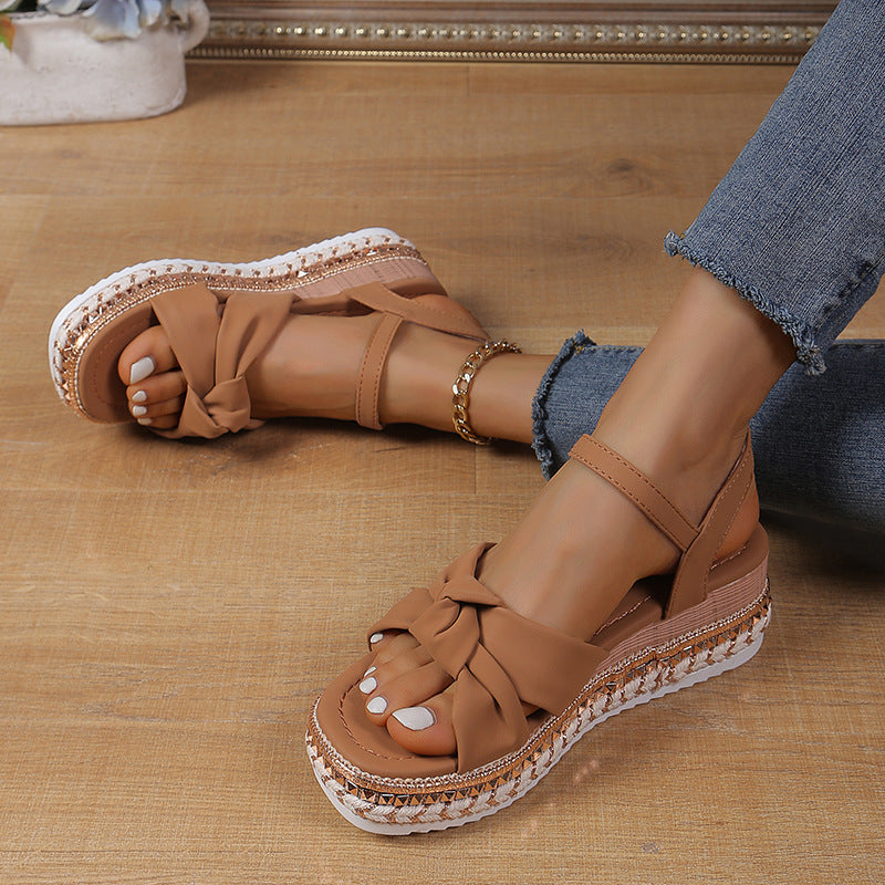 Fashion Flat Hemp Rope Open Toe Sandals With Buckle Cross Bow