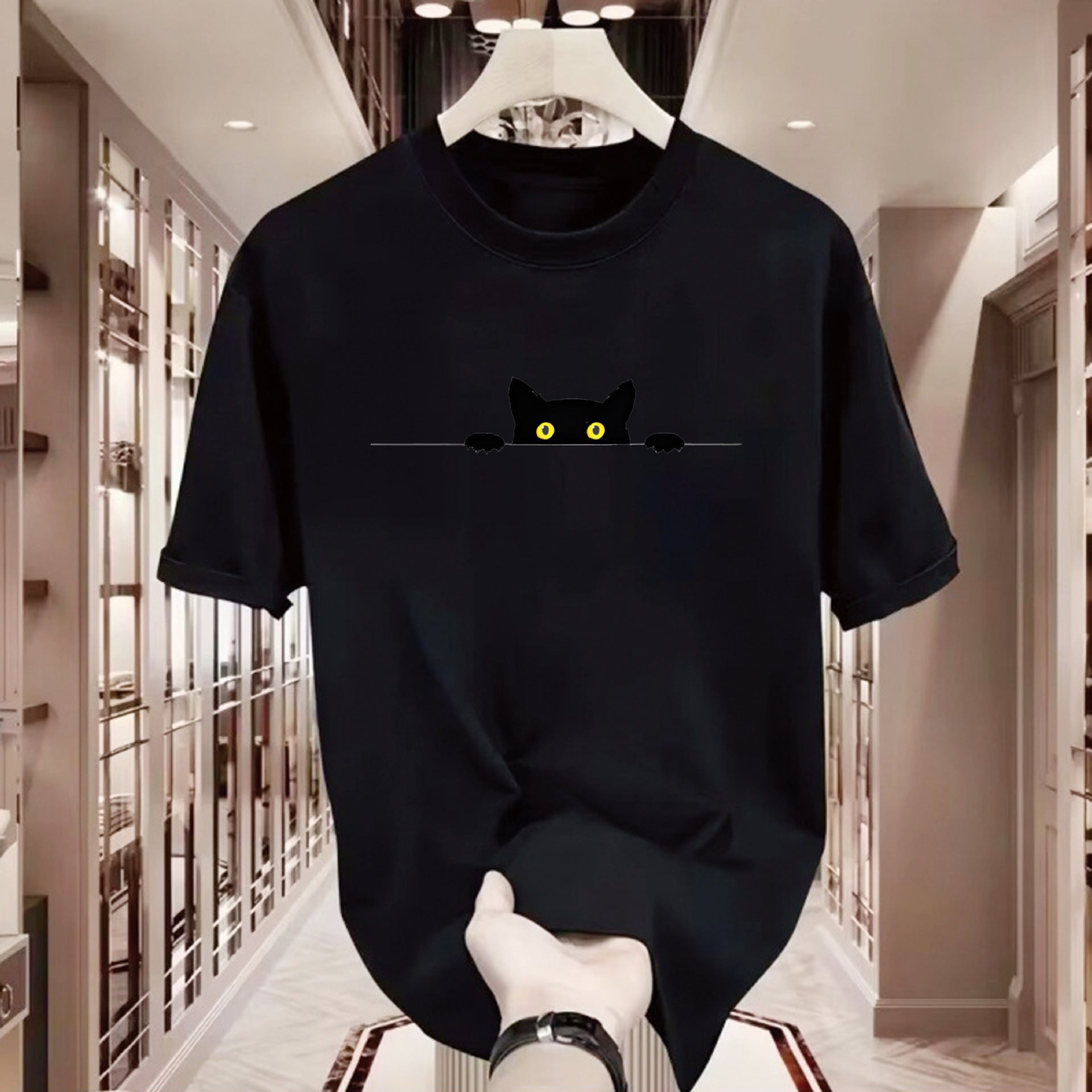 Cute Cat Print Round Neck T-shirt Short Sleeve