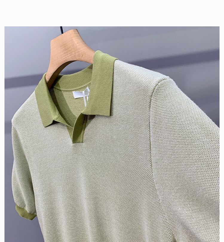 Men's Ice Silk Knitted Trendy Niche Contrast Color Lapels Short Sleeve