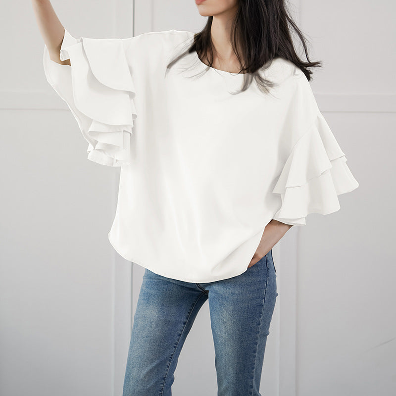 Women's Double-layer Ruffle Sleeve Round Neck Shirt