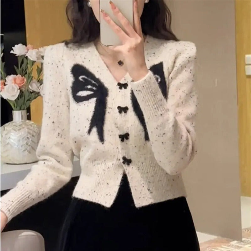 V-neck Bowknot Knitted Sweater Long Sleeve Sweater