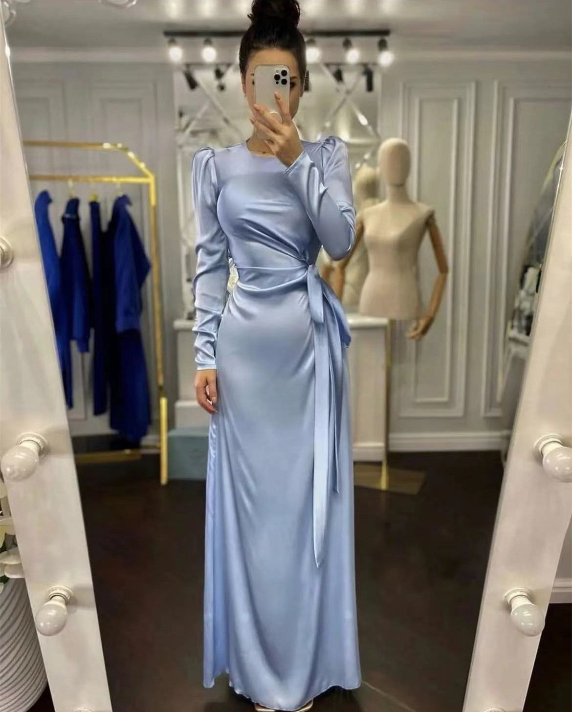 Silk Elegant Cocktail Long Sleeve Dress With Slit